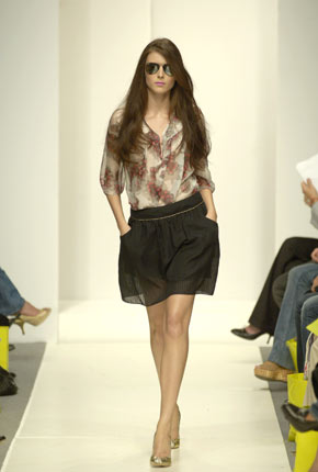 Berry vintage print chiffon yoke gathered shirt and Black silk stripe loose skirt