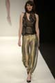 Gold lame wrap pant	Batik print tie-neck plunge top