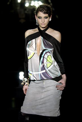 Grey swirl print jersey contrast top and grey suede skirt with black contrast  