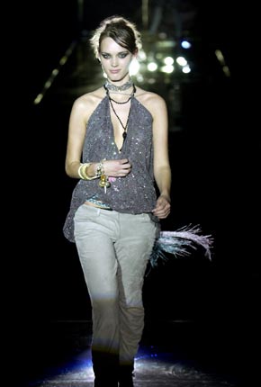 Grey beaded chiffon keyhole top and grey suede rouched trouser 