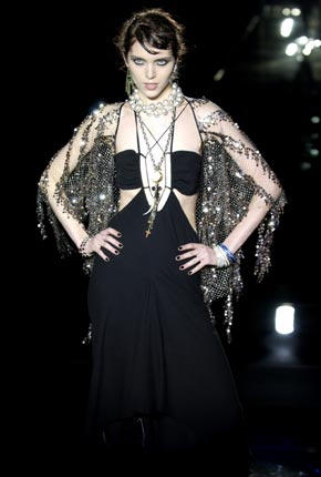Black wool cut away dress and net sequin jacket
