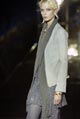 Grey suede cardi-jacket with knit trim and grey beaded chiffon short flare skirt