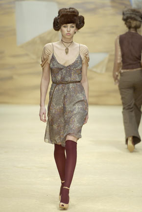 Coffee bean chiffon pleat panel dress and nude silk jersey smock front top