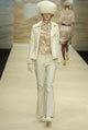 White wool short belted jacket, lipstick chiffon puff sleeve shirt and white wool/ cotton oxford pant