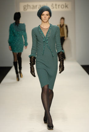 Emerald wool diamond knit ribbed dress and emerald flower print georgette fluted dart shirt  