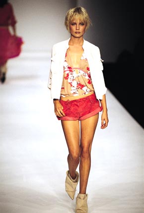 Stripe tailoring army jacket, bird print jersey princess-line top and suede army hot pants