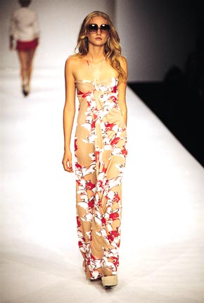 Bird print jersey princess-line long dress