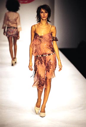 Batik leaf printed frill dress and leather button belt
