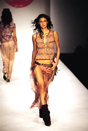 Ethnic print T-shirt button top with crochet detailing, batik leaf print embroidered chiffon skirt and leather and brass woven belt