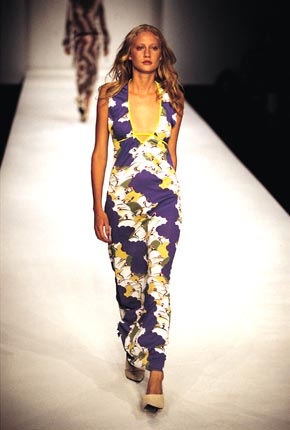 Bird print jersey v-neck long dress