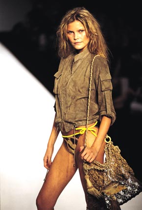 Suede army jacket, animal print bikini and rope piranha fish bag