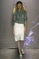 Blue crinkle chiffon frill shirt and ivory cotton pencil skirt