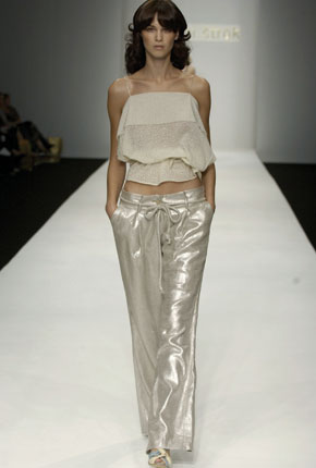 Cream circle fine knit cowl neck top and silver cotton lurex loose pleat pant 
