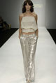 Cream circle fine knit cowl neck top and silver cotton lurex loose pleat pant 