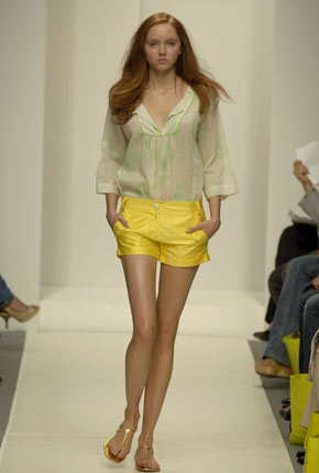 Green embroidered stripe flower cotton jacquard tunic top and Bright yellow cotton rolled up shorts